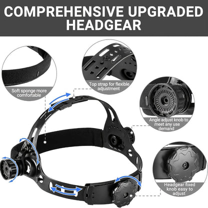 Black Auto-Darkening Welding Helmet with Wide Rectangular Lens, Top-Mounted Headlight and Adjustable Headgear