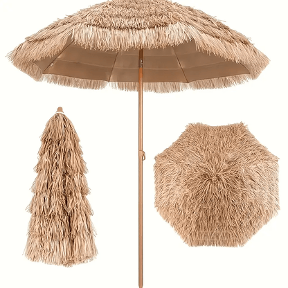 Patio Umbrella 7.5FT Thatch-Style Tiki Design with Steel Pole, Iron Frame, Push Tilt and One-Piece Option