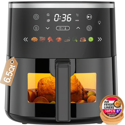Air Fryer 6QT with 8 Preset Functions, Visible Window, Adjustable Temperature & Timer, Large Oil-Free Cooker for Crispy Fries