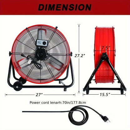Industrial Floor Fan 24 Inch 9000 CFM Drum Fan 3-Speed 360 Degree Tilt with Casters for Entryways, Bedrooms and Living Spaces