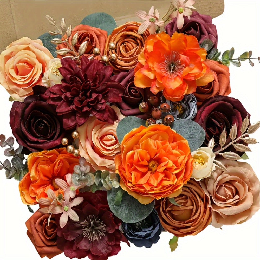 Artificial Flowers Foam Rose Bouquet with Orange, Wine Red and Blue Blooms plus Flexible Metal Stem