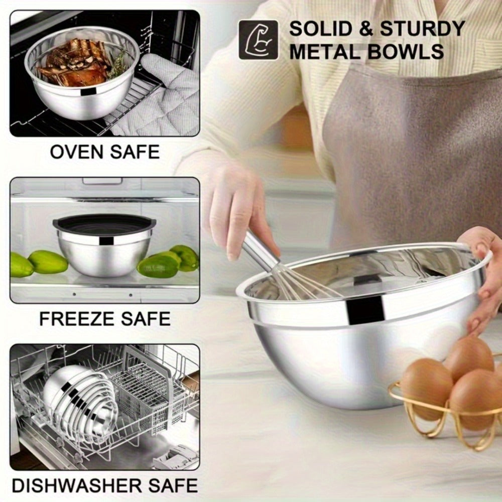 Stainless Steel Mixing Bowls with Airtight Lids Set of 14 Seven Nesting Bowls 0.7 to 4.5QT for Home Cooking, Dining and Outdoor Meals