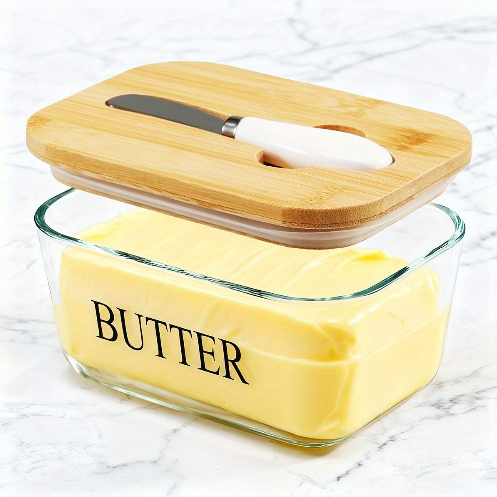 Transparent 1 lb Glass Butter Dish with Bamboo Lid, White-Handle Knife and Rectangular Food Container