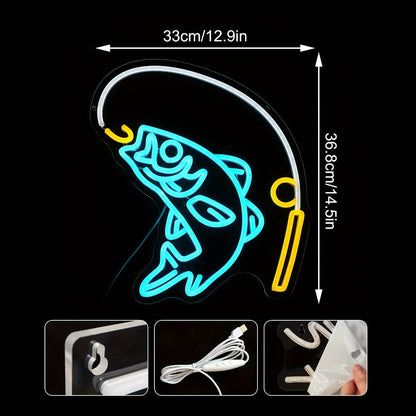 Fishing Neon Sign LED Wall Decor, Dimmable Multicolor Go Fishing Hook Neon Light for Man Cave, Bedroom