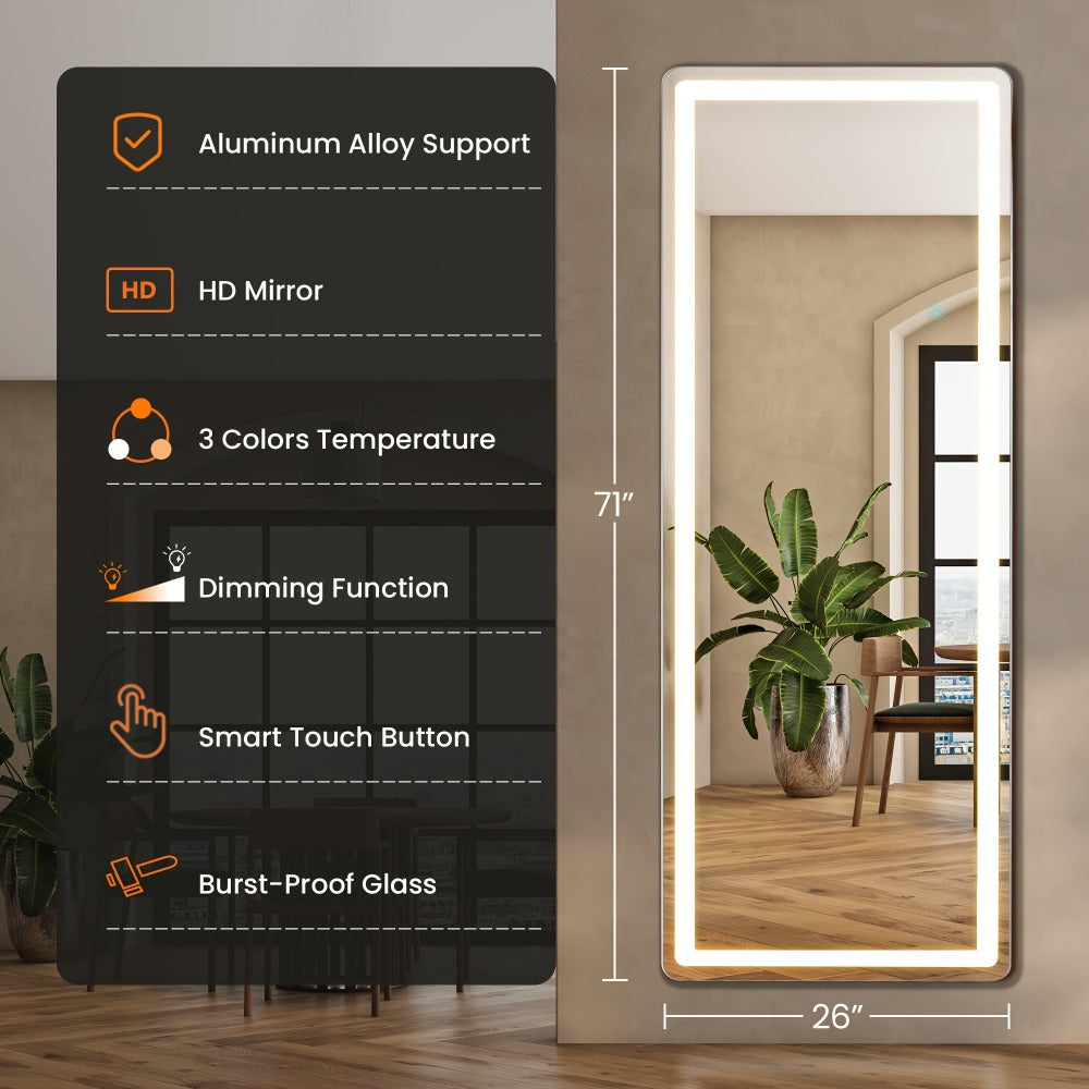 Full Length Mirror Floor Standing with LED Light – Arched & Rect Aluminum Frame Dressing Mirror for Bedroom Living Room, Black/Golden/White