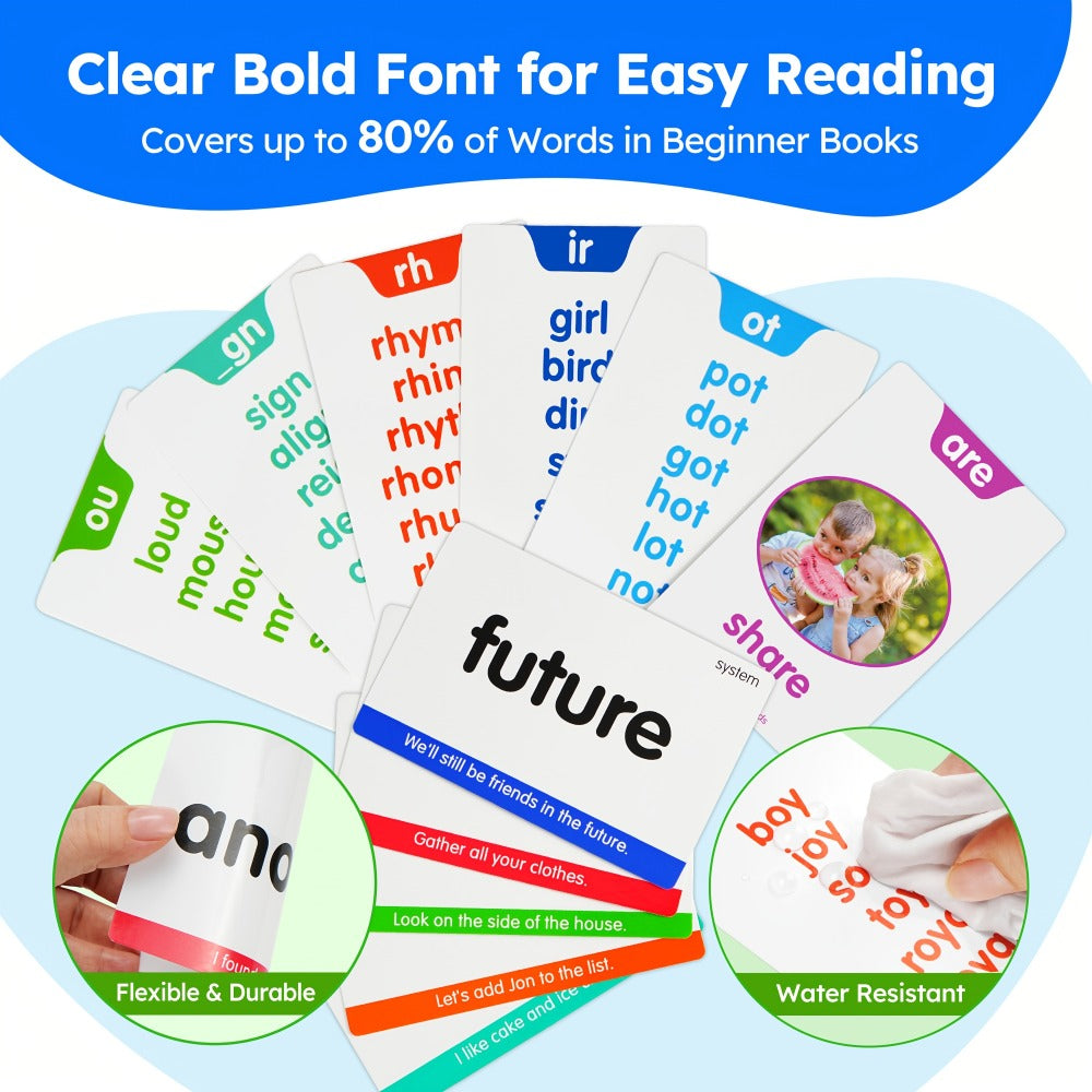 Sight Words Flash Cards 500 Cards & 150 Phonics Cards Set 1000+ Dolch Fry High Frequency Words CVC Blends Long Vowels | Learn to Read Cards
