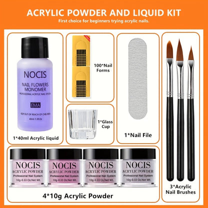 Acrylic Nail Kit NOCIS Four 10g Pink, Mauve and Glitter Powders with Liquid Monomer, Three Brushes and File