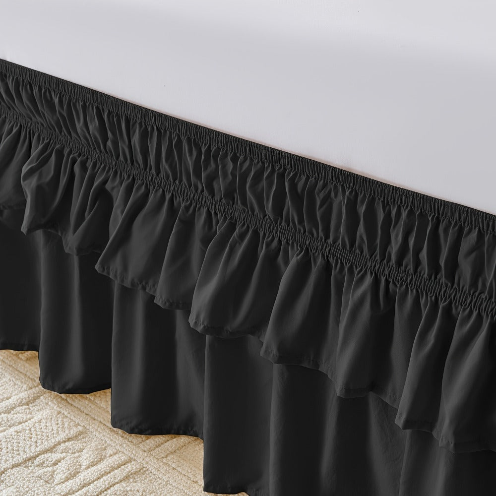 Double Ruffle Bed Skirt 16" Drop, Elastic Wrap Around Dust Ruffle for Twin Full Queen King Bed, Easy Install Linen Poly Blend Bedskirt