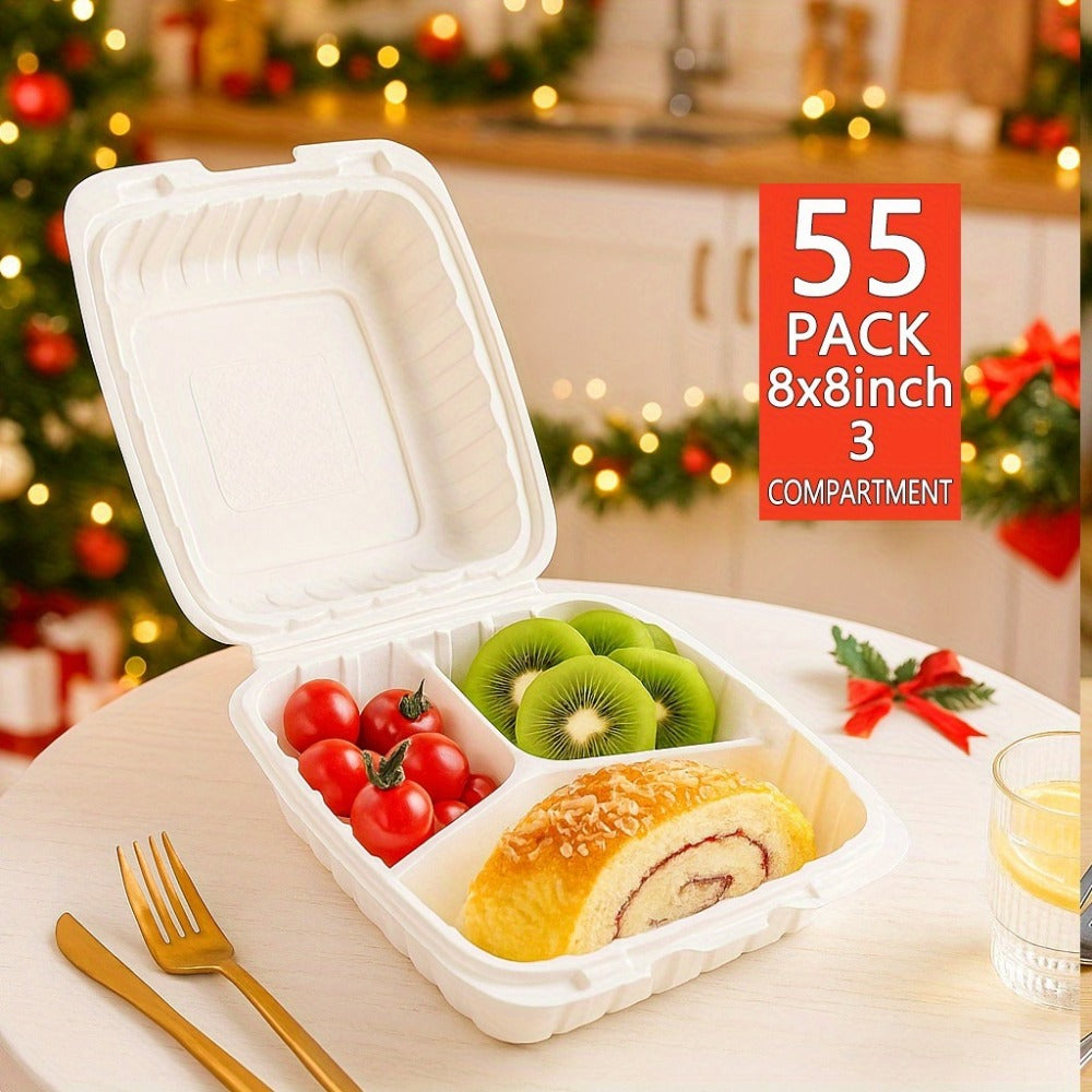 Disposable Food Containers Take Out Boxes with Lids - 7" 8" 9" Plastic Clamshell Meal Prep Containers 1 & 3 Compartment Reusable White