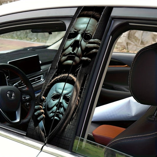 Two-Piece Masked Figure Car Window Decal Set with Stacked Black-and-Gray Horror Portrait Panels