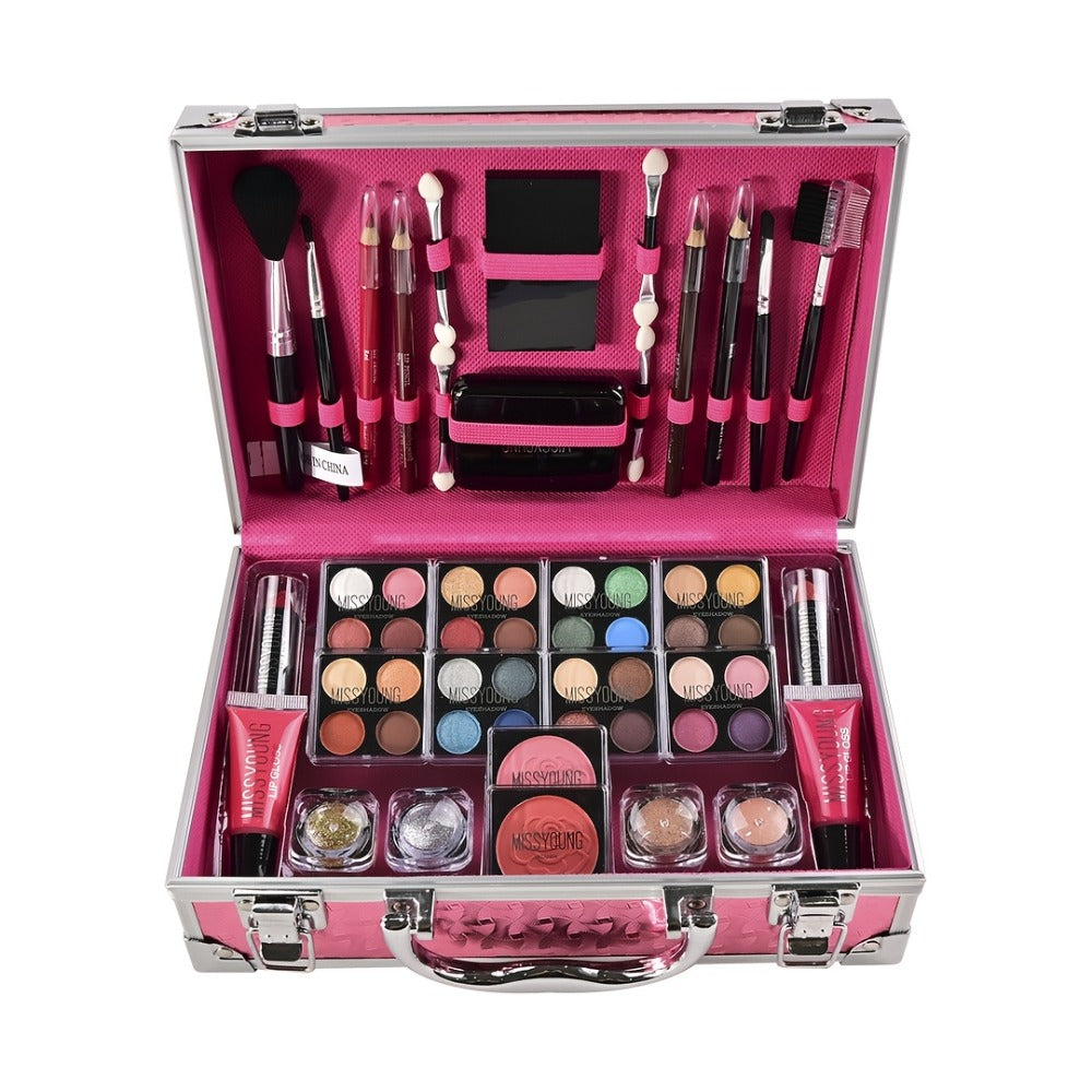 Makeup Kit 56-Piece Handled Mirror Case with Mixed Face, Eye and Lip Cosmetics in Silvery or Rose Color