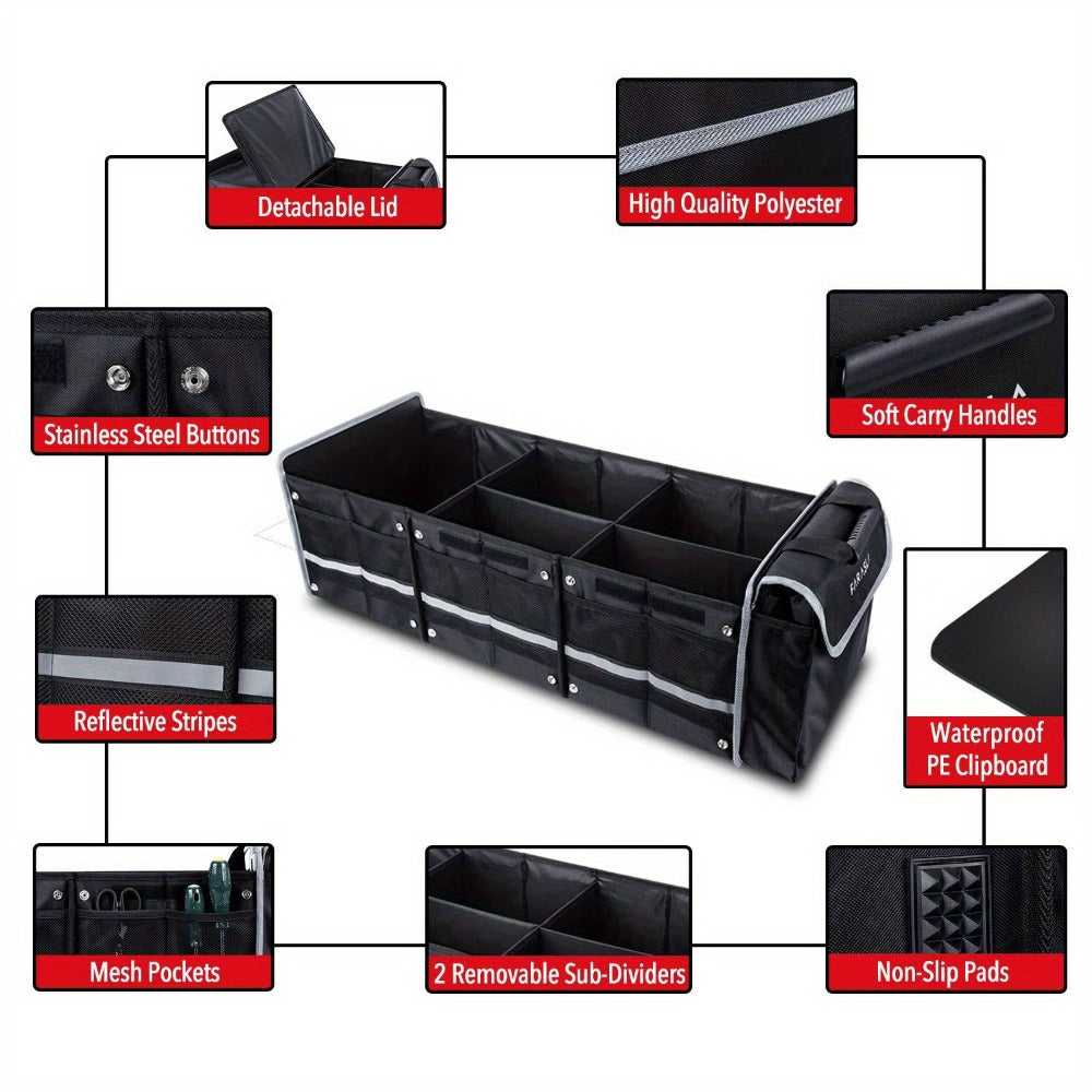 Collapsible Car Trunk Organizer with Three Compartments, Removable Dividers, Lid and Tie-Down Straps
