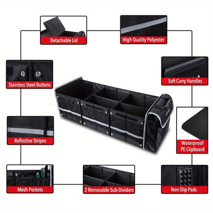 Collapsible Car Trunk Organizer with Three Compartments, Removable Dividers, Lid and Tie-Down Straps