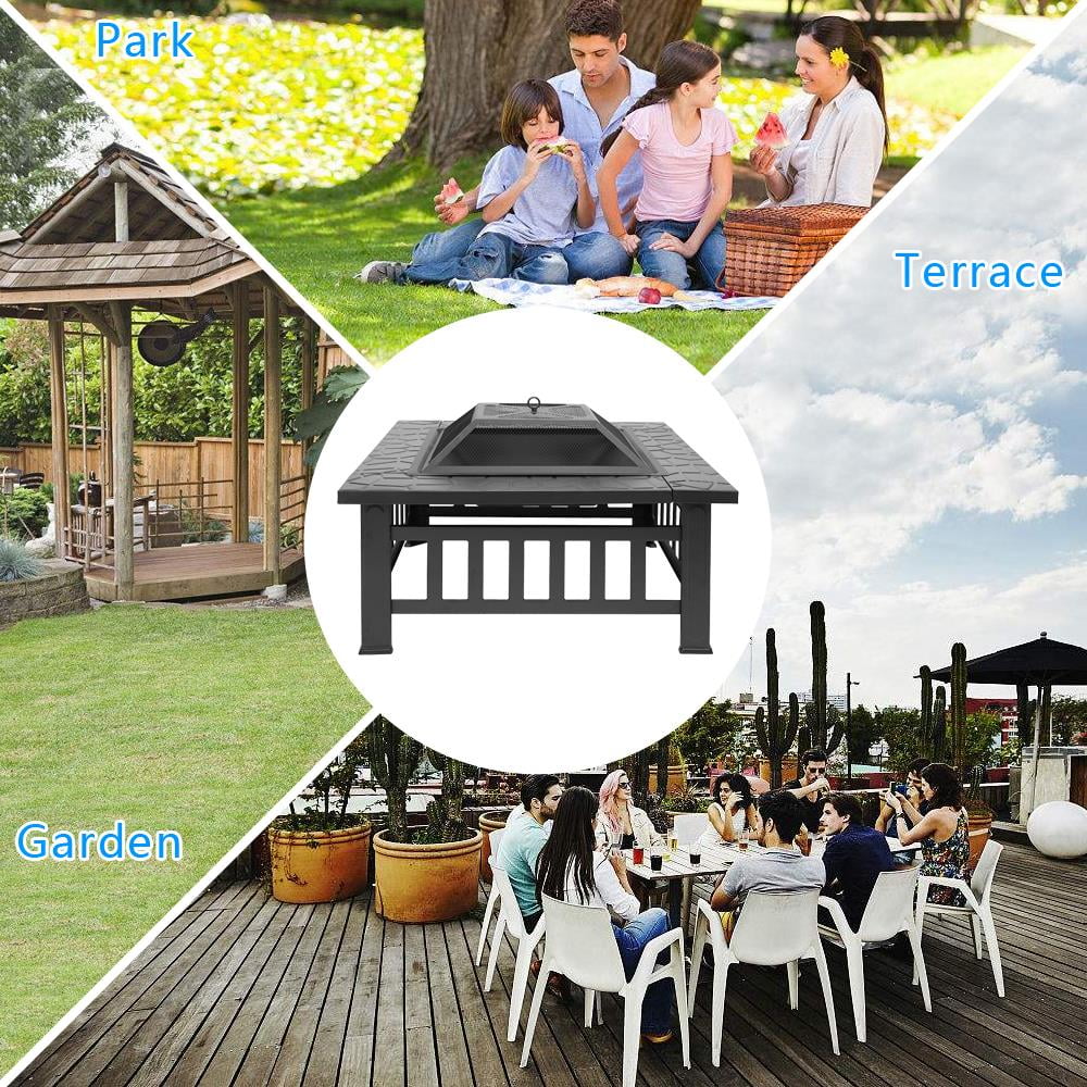 Fire Pit, Square Outdoor Metal BBQ Patio Backyard Camping Fireplace for Grilling, Camping and Outdoor Meals