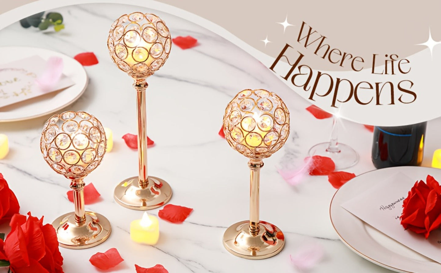 Crystal Candle Holders Set of 3 - Windproof Glass Taper Candle Holder for Wedding Table Centerpiece