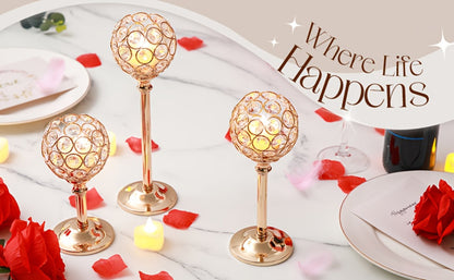 Crystal Candle Holders Set of 3 - Windproof Glass Taper Candle Holder for Wedding Table Centerpiece
