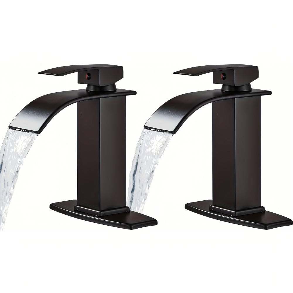 Waterfall Bathroom Sink Faucet, Single Hole or 3-Hole Mixer Tap with 6" Deck Plate, Ceramic Valve