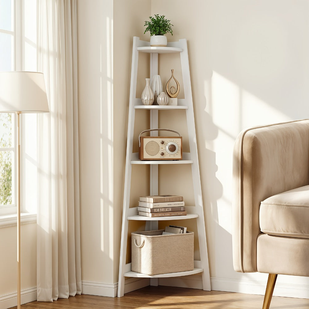 White Five-Tier Ladder-Style Freestanding Corner Shelf, Approximately 110 cm High and 34 cm Wide