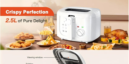 1500W Deep Fryer in Black or White with 84.54-Ounce Source Capacity, Windowed Lid and Rotary Dial