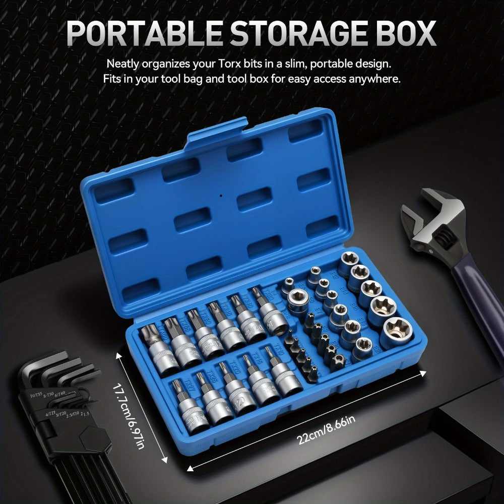 Torx Star Bit Socket Set 34/46-Piece – 3/8" Drive CR-V E-Socket E4-E20, T10-T60, Tamper-Proof TT10-TT55, S2 Steel, 5/16"F to 3/8"M Adapter
