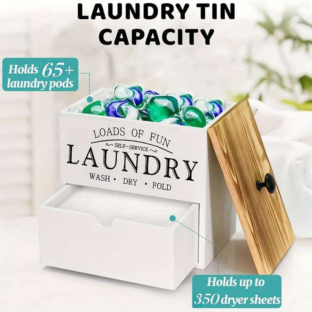 Dryer Sheet Holder with Drawer & Lid, Farmhouse Wood Laundry Pod Dispenser, Wall Mount or Countertop Organizer for Laundry Room Storage
