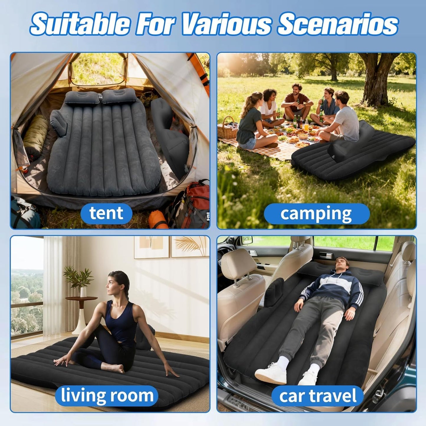 Inflatable Car Air Mattress for SUV, Truck & Back Seat – Fast Inflate Portable Camping Bed with Pillow, Air Pump & Carry Bag for Road Trips