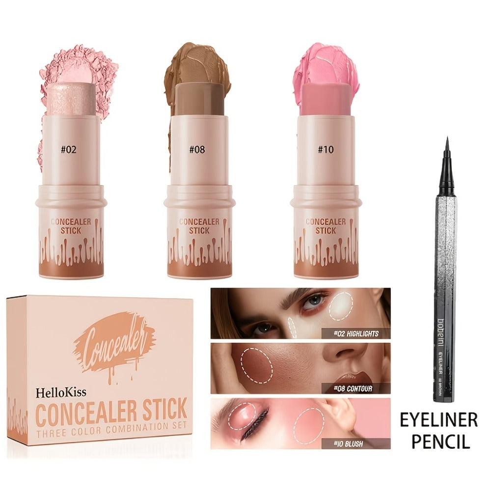Cream Contour Stick Set 3-in-1 with Blush Highlighter & Bronzer – Squalane Non-Greasy Waterproof Long-Lasting Sculpting Kit