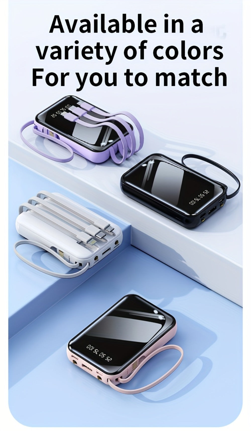 Power Bank 50000mAh 22.5W with Integrated Cable Array, Digital Display and LED Flashlight in Two Colors