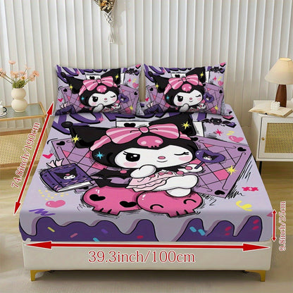 Sanrio Hello Kitty & Kuromi Bedding Set 3pcs, Fitted Sheet & Pillowcases, Polyester, Twin Full Queen King