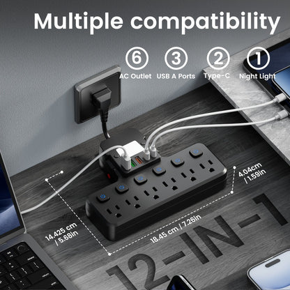 Night Light Wall Outlet Extender 11-in-1 with 6 AC Outlets & 5 USB Ports (3 USB-A & 2 USB-C), Surge Protector Adapter for Home
