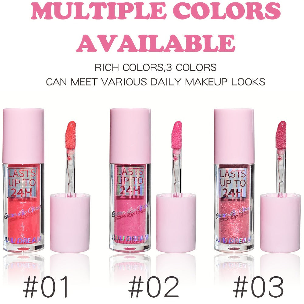 24H Waterproof Glitter Lip Gloss & Lip Stain Set 3PCS, Lip Oil Formula, for Makeup, Travel and Everyday Vanity Use