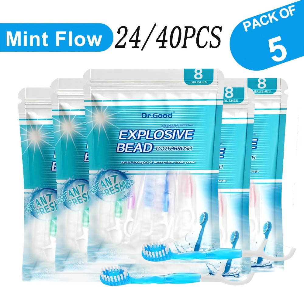 Travel Disposable Toothbrush 5-in-1, Pre-Applied Mint Toothpaste, Floss, Pick & Tongue Scraper, Soft Nylon