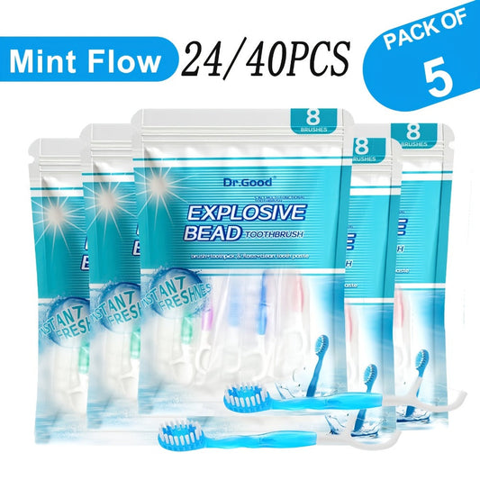 Travel Disposable Toothbrush 5-in-1, Pre-Applied Mint Toothpaste, Floss, Pick & Tongue Scraper, Soft Nylon