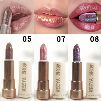Glitter Shimmer Lipstick Set 3Pcs Pearlescent Pinkish Golden Creamy Glossy Sparkle Lip Gloss Lip Makeup for Party Stage Cosplay Festival