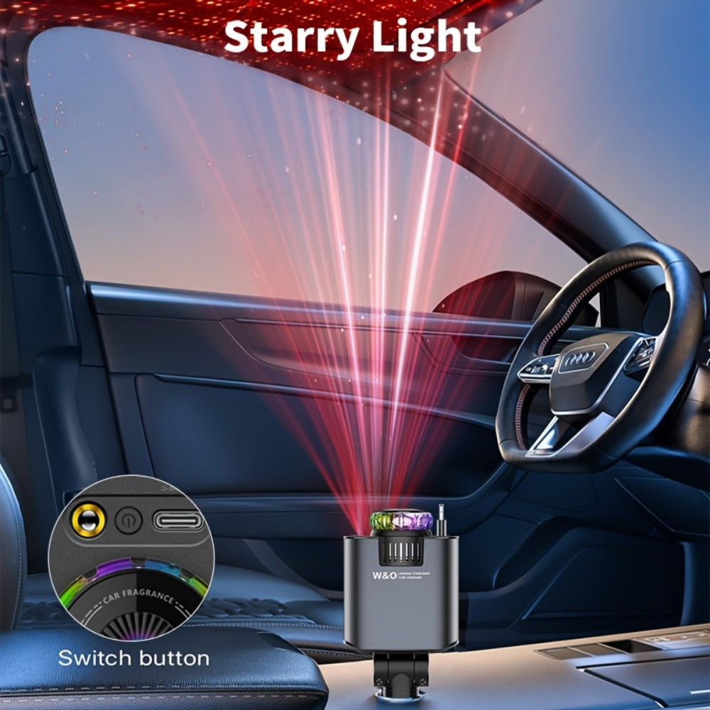 3-in-1 Car Charger Starlight Projector & Aroma Diffuser USB-C Port 2.6ft Retractable Cable Fast Charging Car Phone Charger with Blue Red