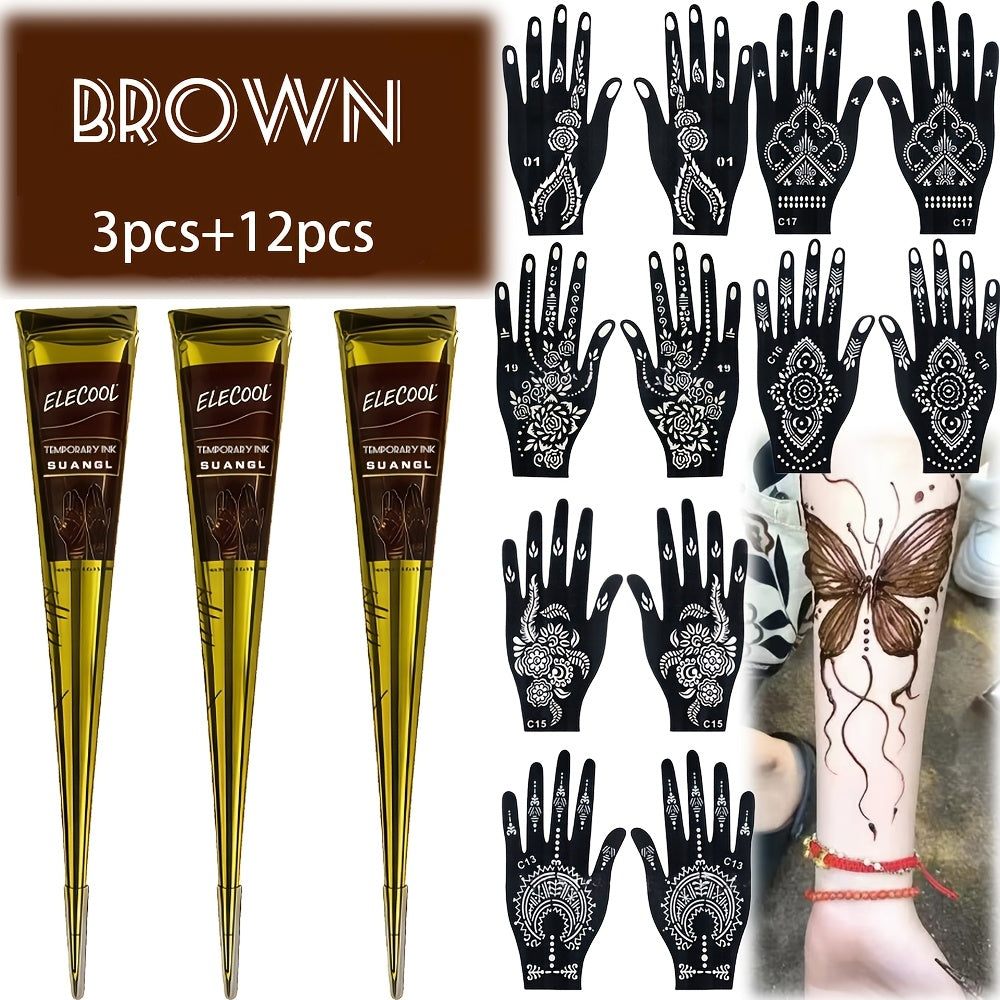 Temporary Semi-Permanent Tattoo Paste Kit - Body Art Gel in Brown & Black with Tattoo Templates