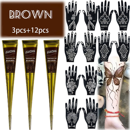 Temporary Semi-Permanent Tattoo Paste Kit - Body Art Gel in Brown & Black with Tattoo Templates