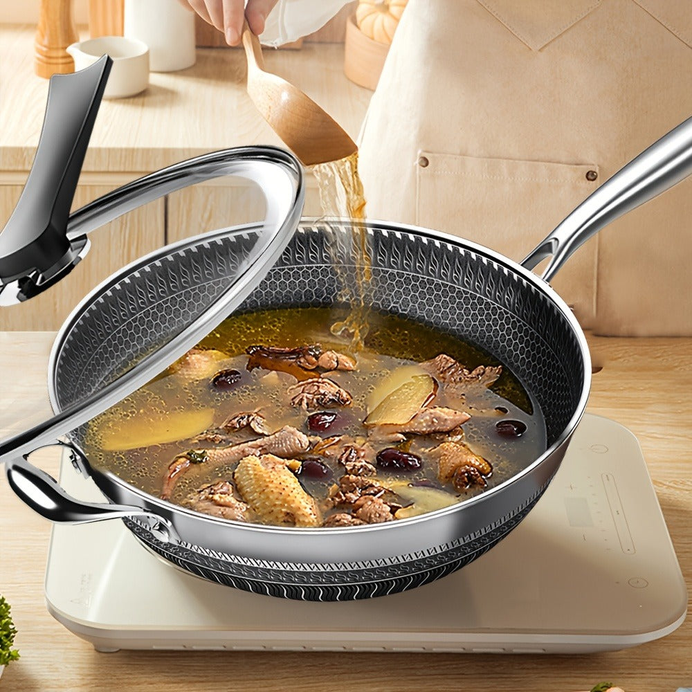 Stainless Steel Wok Set 13.3 Inch Non-stick Honeycomb Design with Lid & 2 Cookware Accessories
