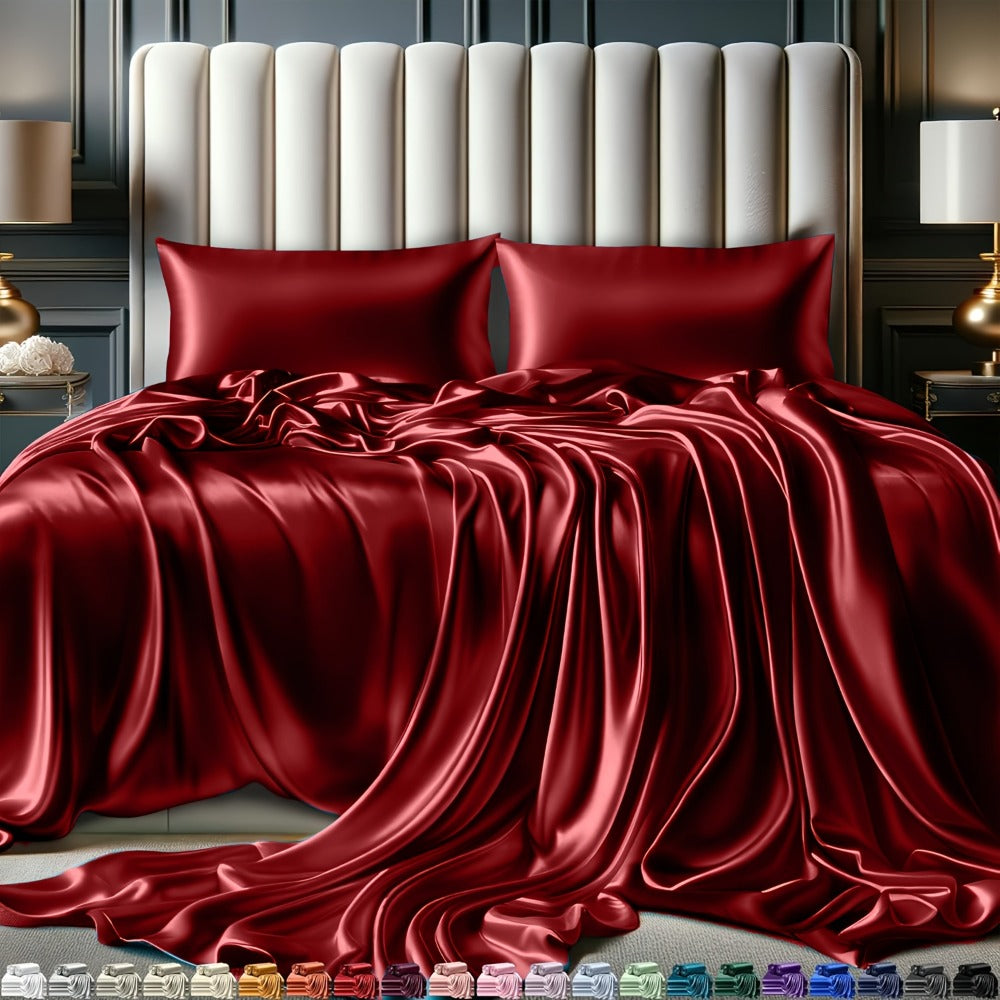 4-Piece Satin Sheet Set with 15-Inch Deep Pockets in Twin, Full, Queen or King Sizes and Nine Color Options