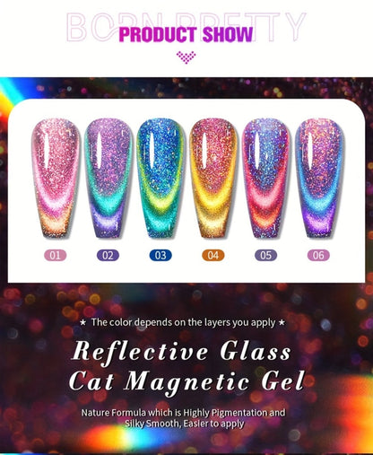 Gel Nail Polish BORN PRETTY 6-Piece 10ml Magnetic Cat-Eye Set with Double-Light Reflection