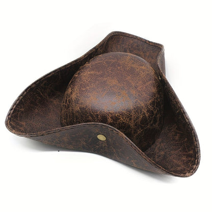Pirate Tricorn Hat Faux Leather Wide Brim – Vintage Distressed Pirate Hat for Men Women, Halloween Costume, Cosplay