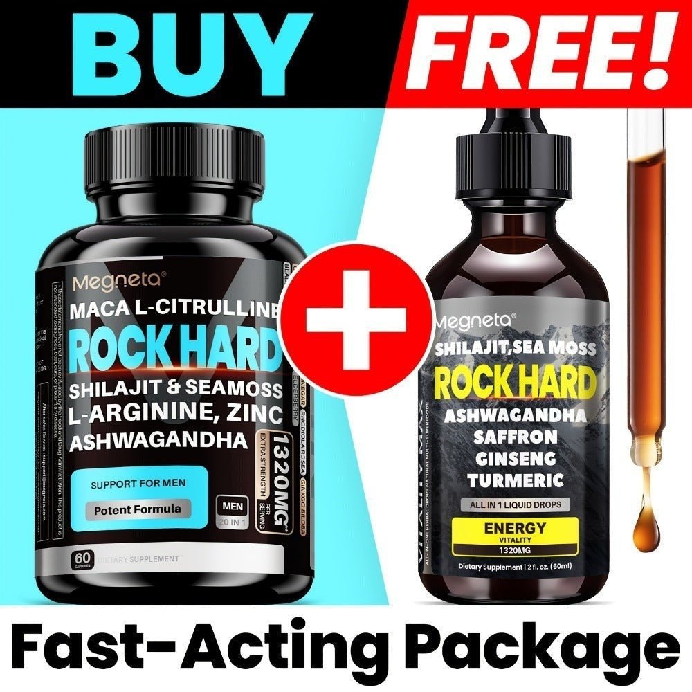 Two-Piece Men's Health Supplement Set with One Capsule Bottle and One Liquid Dropper Bottle in Coordinated Packaging