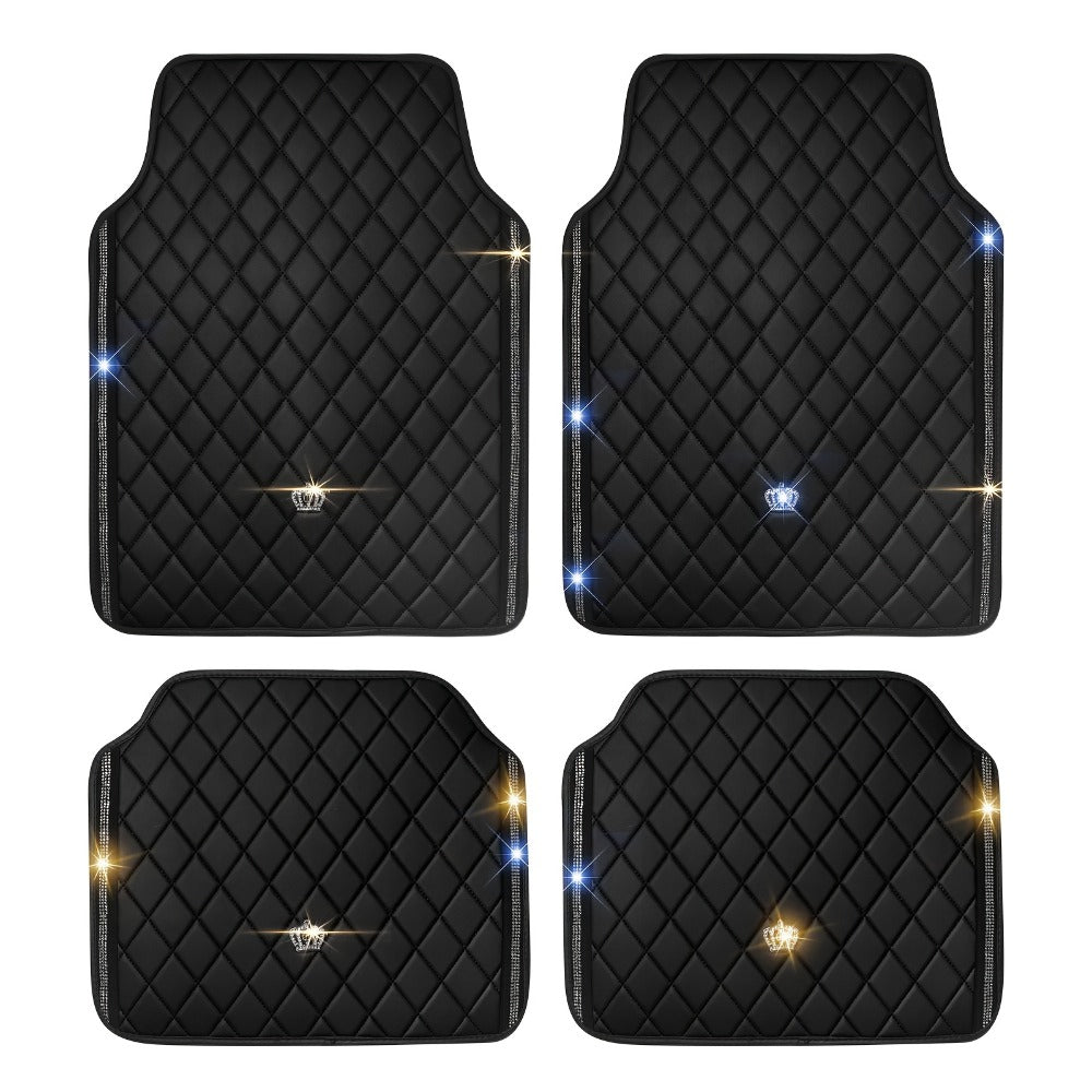 Quilted Crown Car Floor Mats, Four-Piece Set in Red, Black or Prismatic Embossed Style Options