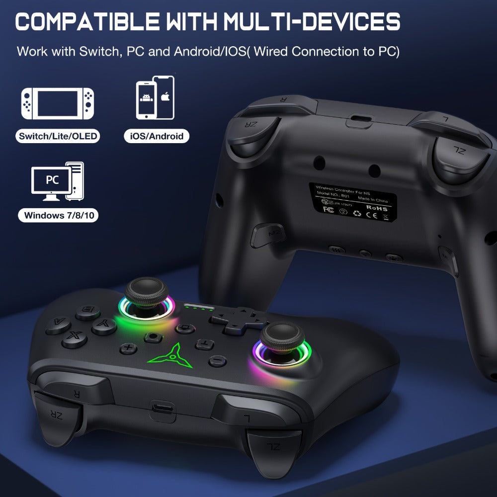 RGB Wireless Game Controller in Black with Two Programmable Back Buttons, Turbo and Switch-System Compatibility