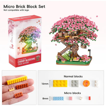 Building Block Set Cherry Blossom Tree House, 1020 or 2028 Micro Pieces with Pink Canopy and Base Display