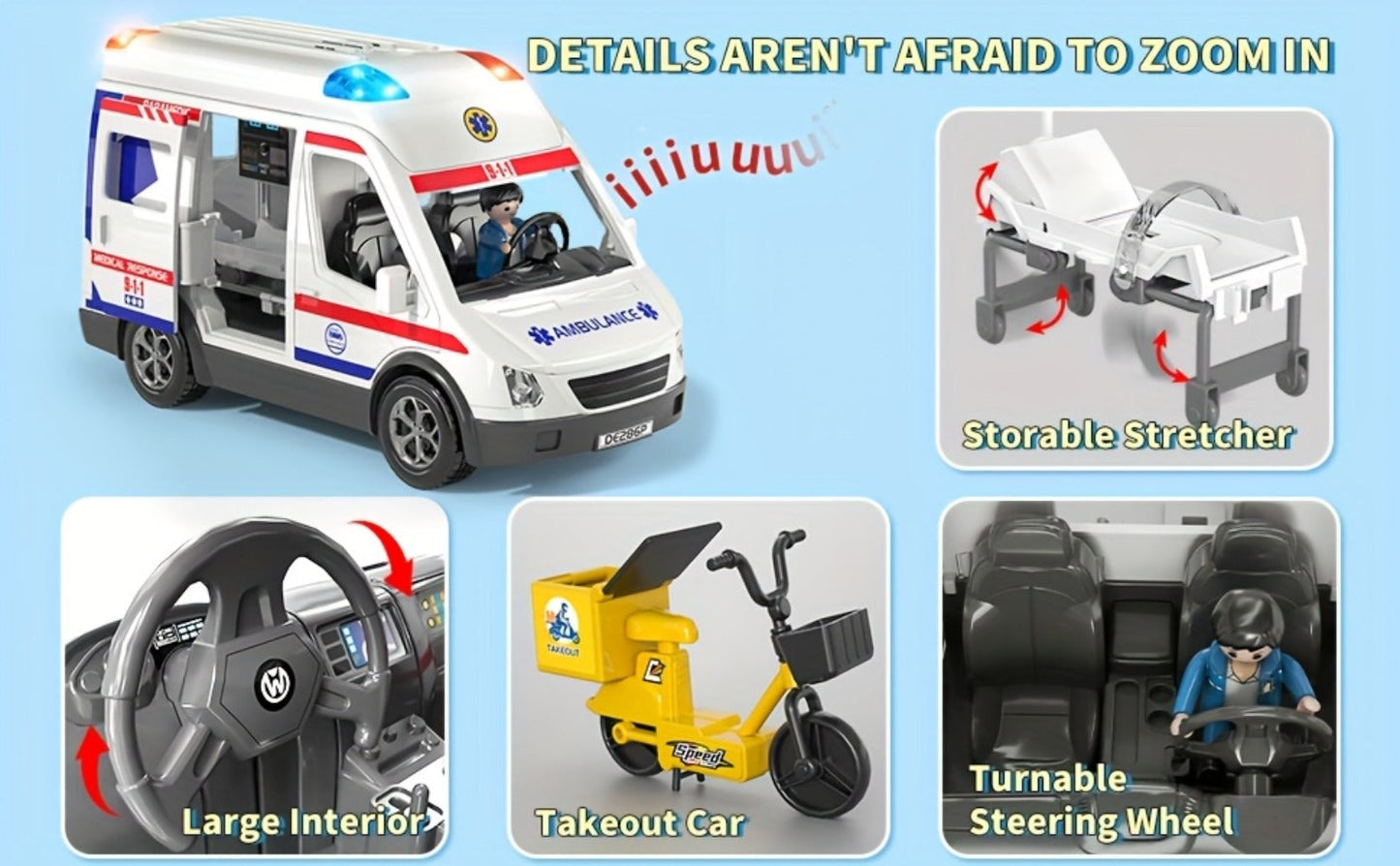 Ambulance Toy Playset for Kids Ages 3-8, Realistic Friction-Powered Emergency Vehicle with Flashing Lights & Siren Sound