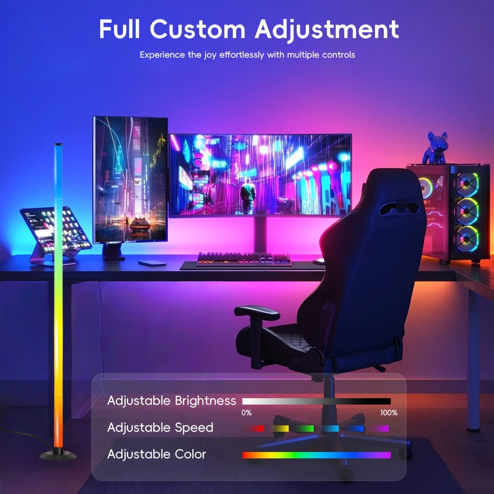 Slim RGB+IC Corner Floor Lamp with Segmented Light Bar, App and Remote Controls, Music Sync and One- or Two-Lamp Options