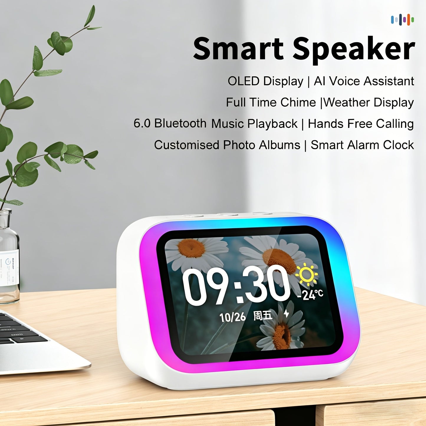 Smart Alarm Clock with AI Voice Assistant & Wireless Speaker - Dynamic RGB Light, Hi-Fi Stereo Sound
