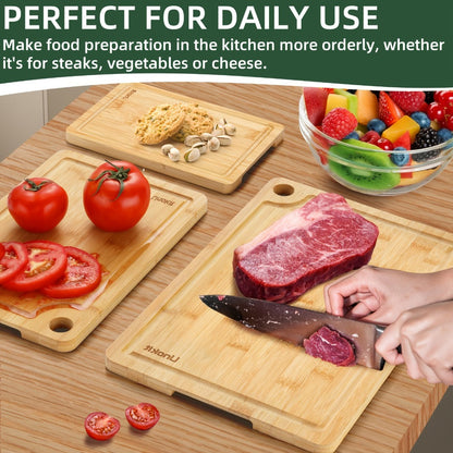 Cutting Board Three-Piece Bamboo Set with Juice Grooves, Carry Handles and Three Nested Sizes
