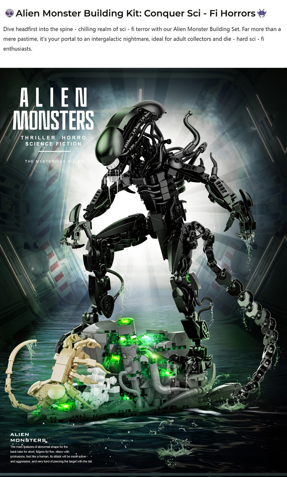 Building Block Set Alien Beast with 958 Pieces, Articulated Black Figure, Scene Base and Long Tail